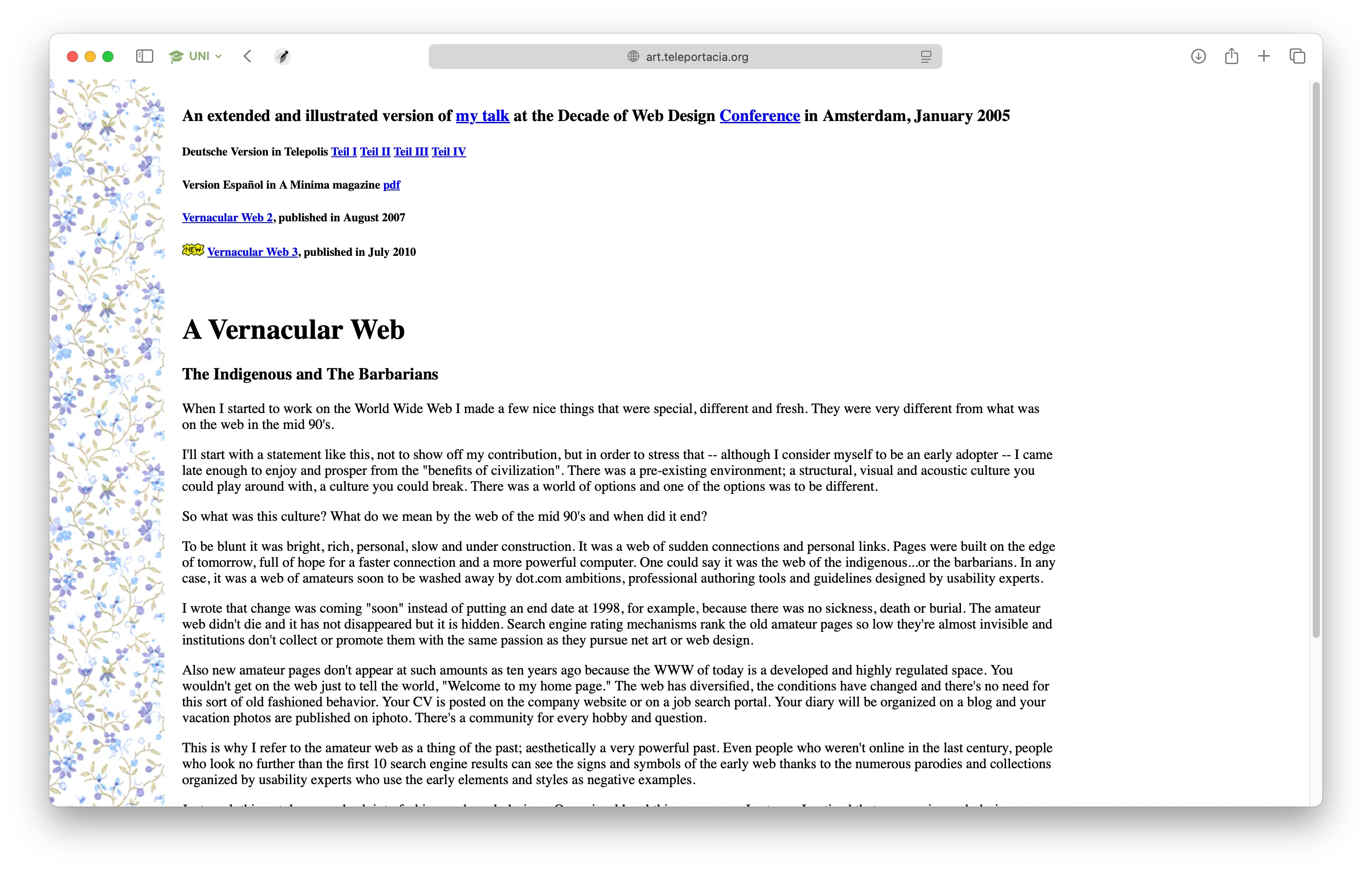 Screenshot von Olialinas Vernacular Web-Webseite